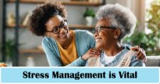 Stress Management Techniques for Caregivers: Self-Care Practices for the Long Run. Picture of a young black female helping with the care of an older black female.